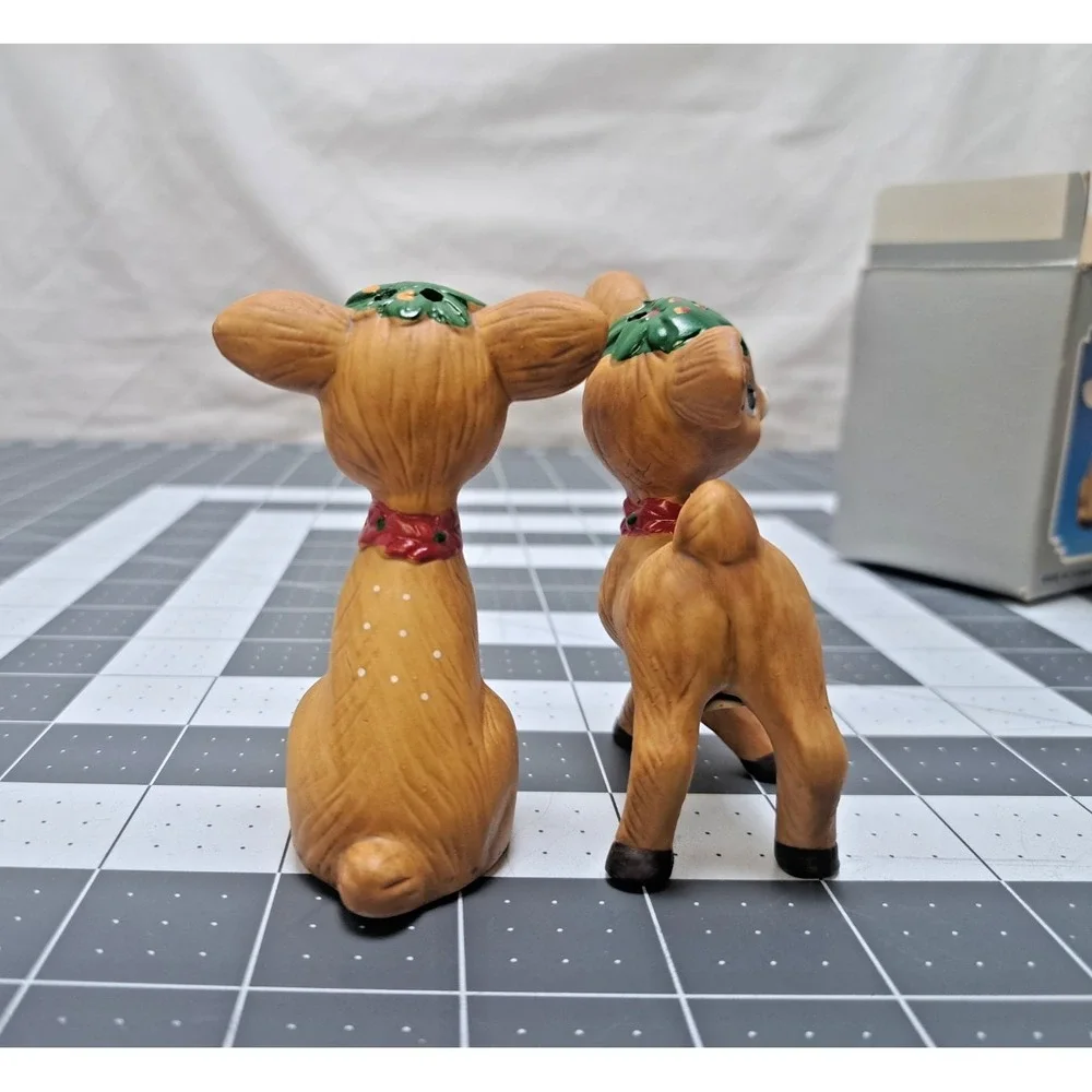 Vintage Reindeer Ceramic Salt and Pepper Shakers Taiwan w/Box Kitschy Christmas